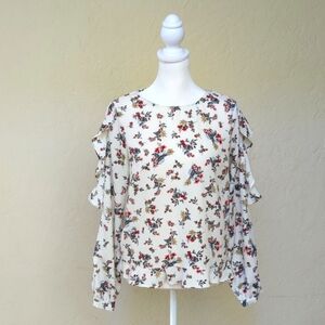 🌻 Forever 21 White Floral Ruffled Peekaboo Long Sleeve Top Size Small